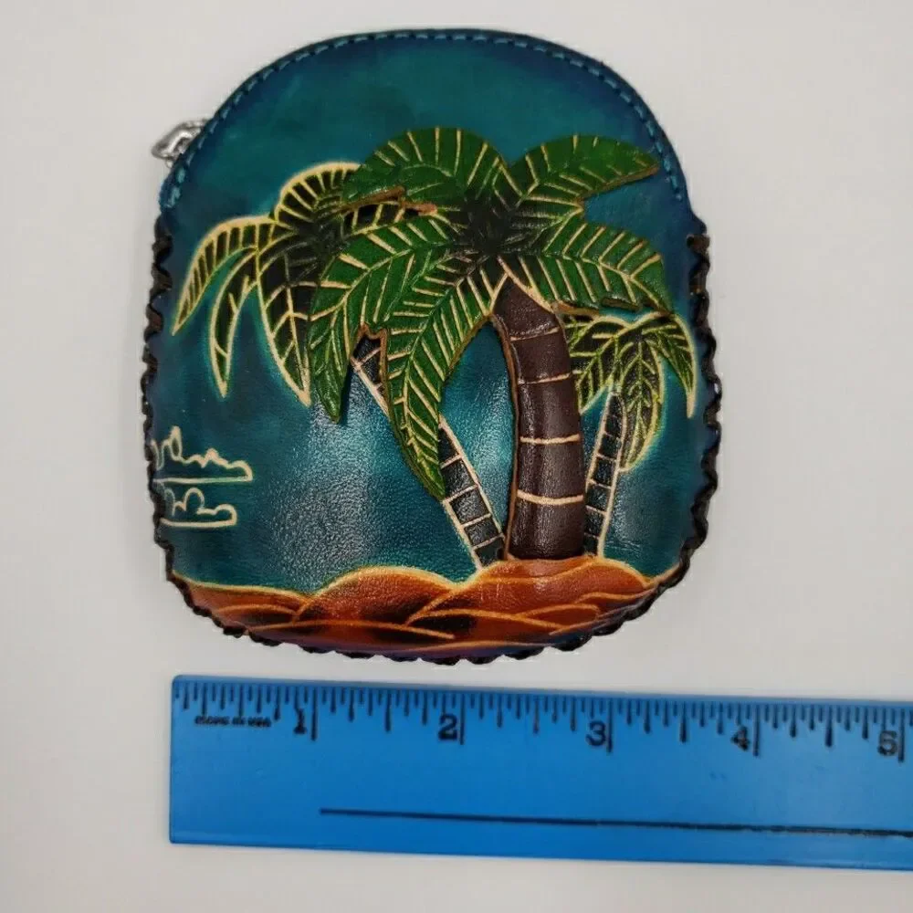 Tropical Palm Tree Wristlet Gift Card Holder Handmade Leather Surfer Mini Purse